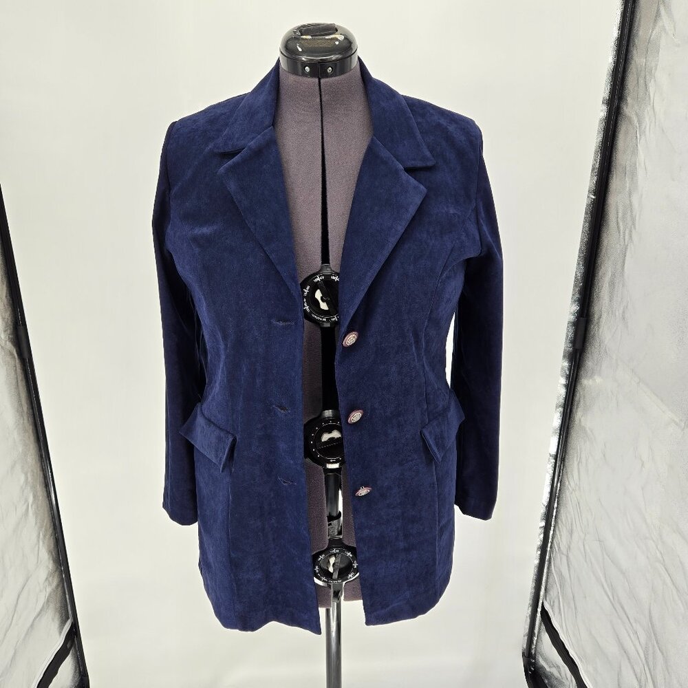 6325-8 R & K Originals Navy blue Faux suede 3 button Blazer Jacket Size 12
